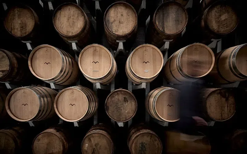 Oak casks lined up in the Maison Lineti maturation cellar.